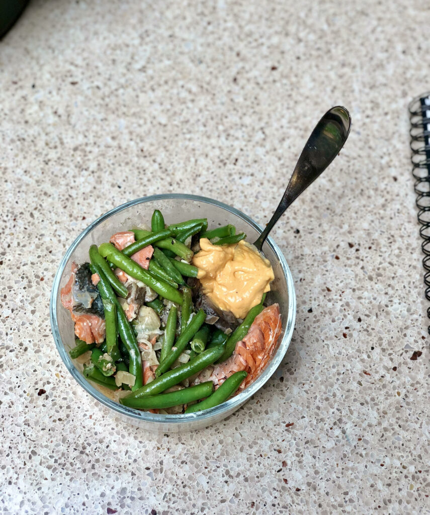 Salmon, string beans, mushrooms, shallots, garlic, rice with a dollop of Sriracha Aioli from Stonewall Kitchen.